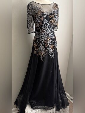 Teri Jon Rickie Freeman Silk Formal Gown Illusion Lace Sequin Dress 4